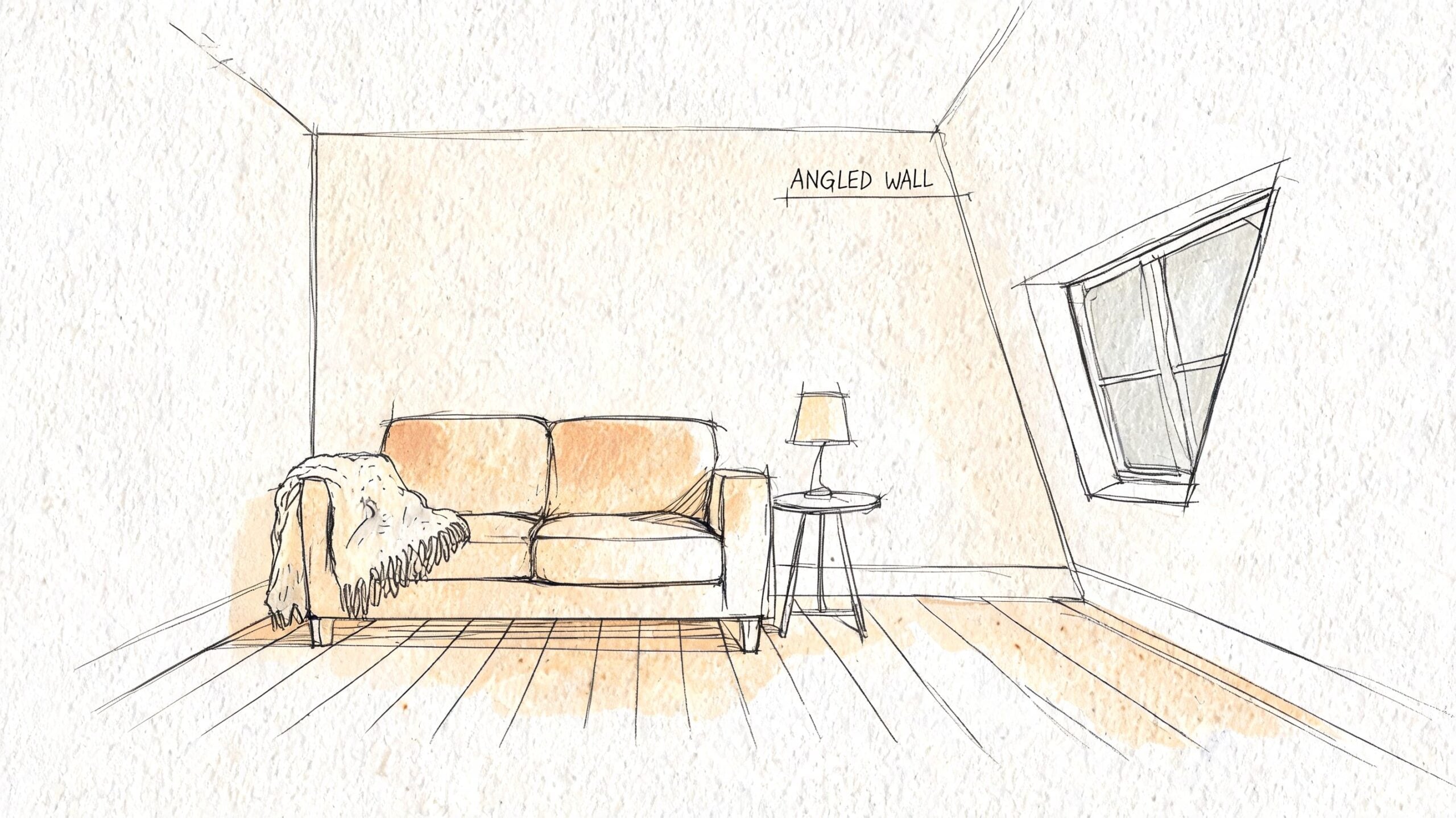 A pencil sketch of a cozy living room with a sofa, side table, and an angled wall window.