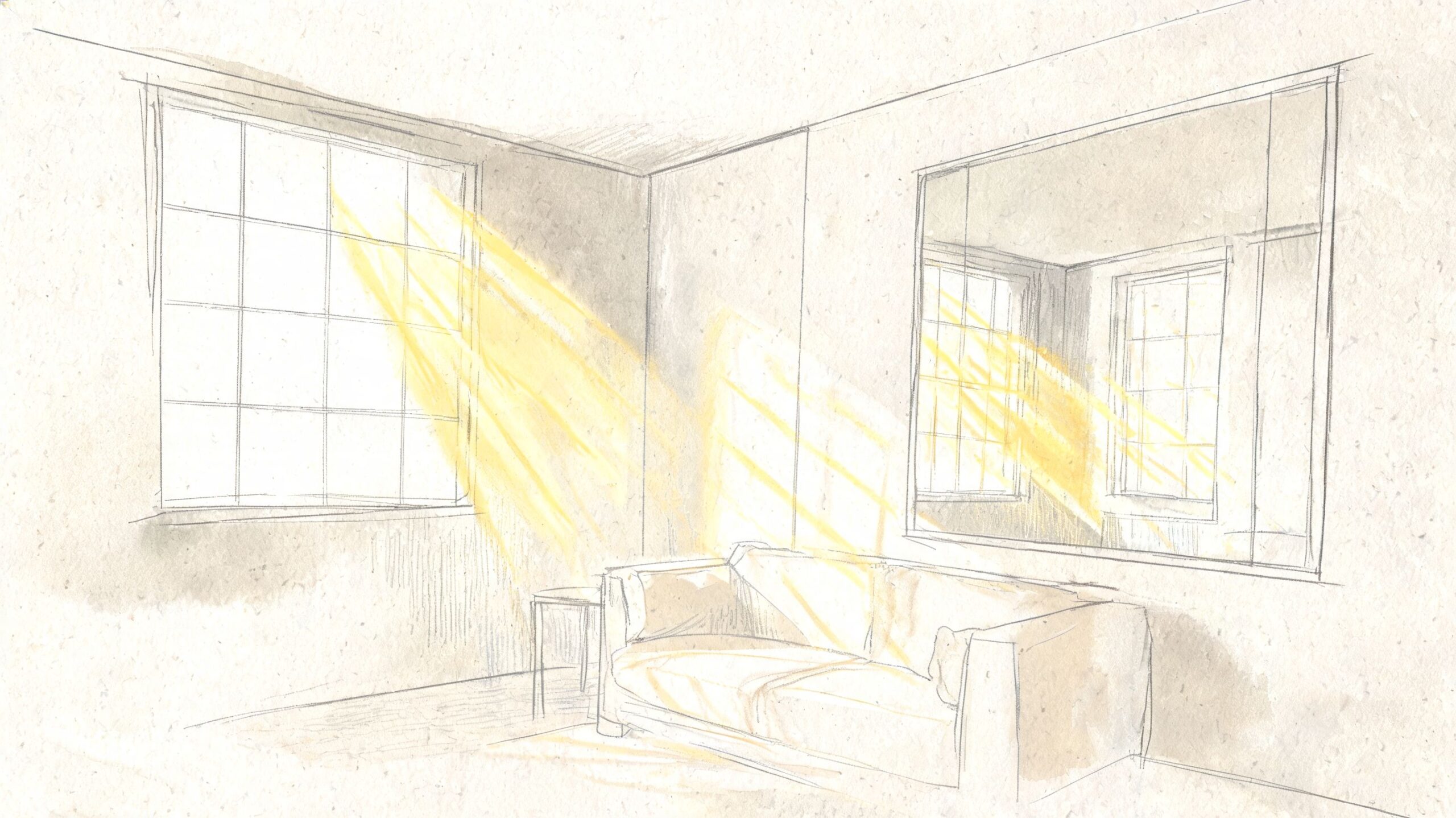 A pencil sketch of a minimalist living room featuring a couch and warm sunlight streaming through windows.