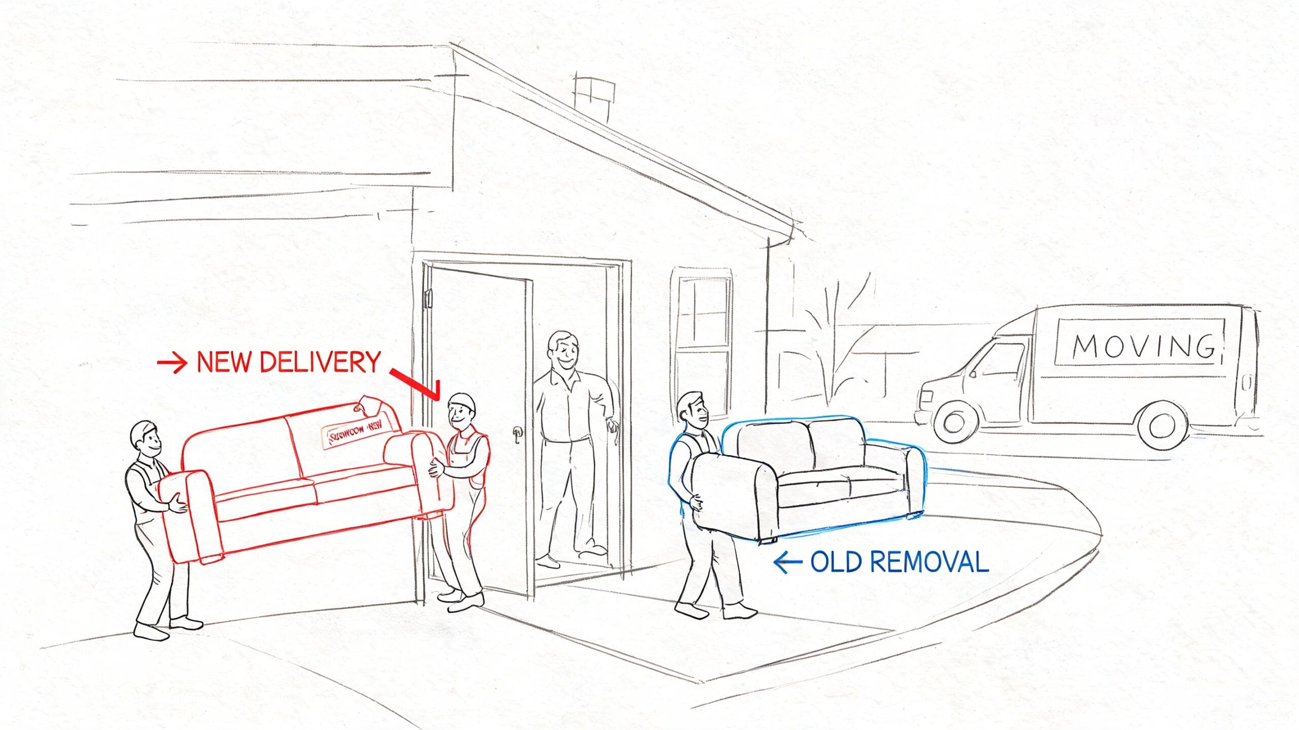Movers carrying a new sofa into a home while simultaneously removing an old sofa for disposal.