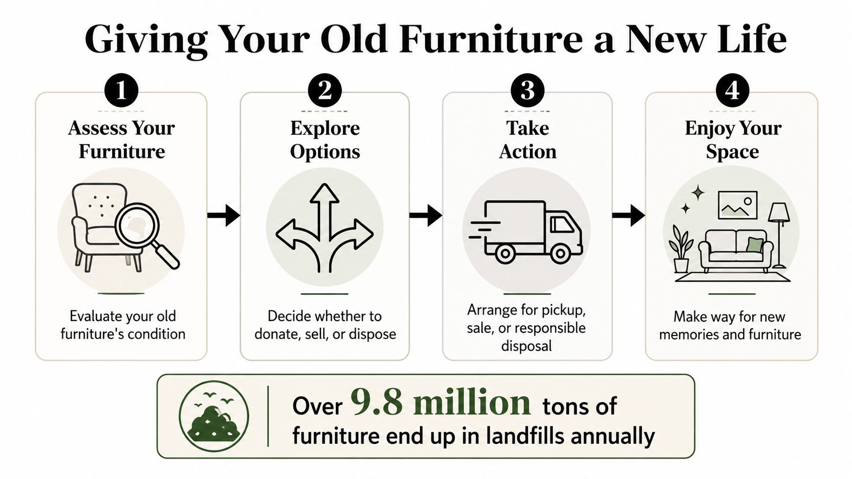 A four-step infographic illustrating how to properly handle and responsibly dispose of unwanted furniture.