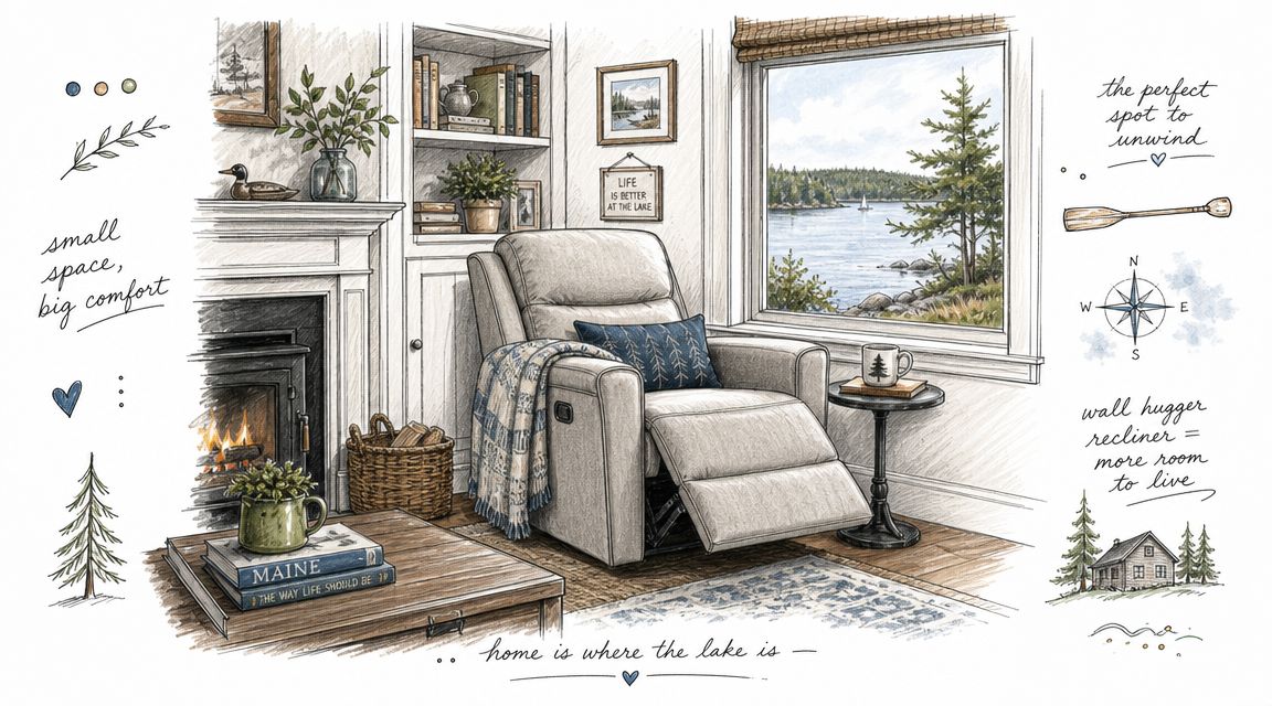 A cozy illustration of a wall hugger recliner positioned by a window overlooking a peaceful lake.