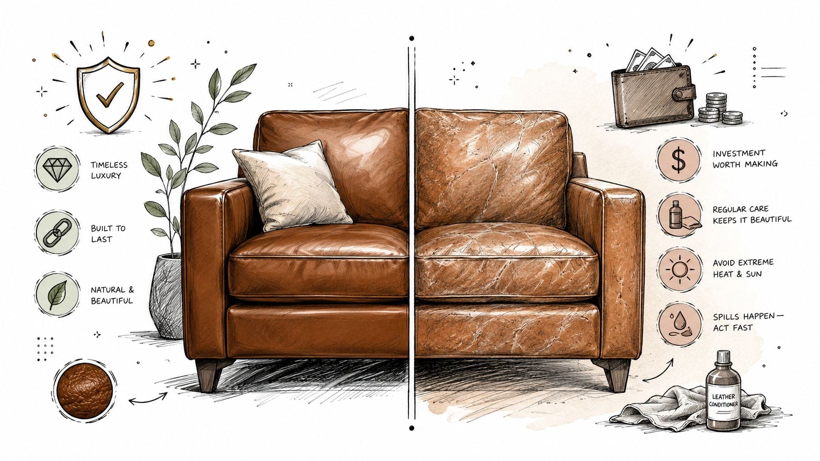 A split illustration showing a pristine leather sofa on the left and a weathered leather sofa on the right.