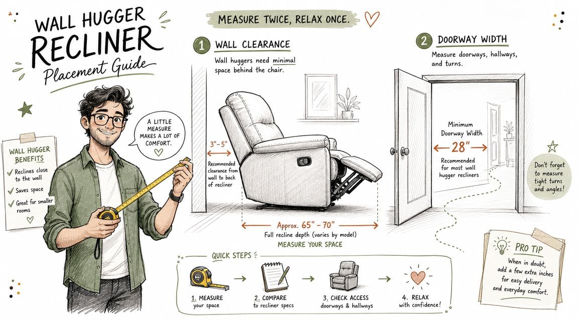A helpful infographic illustration showing how to measure spaces and doorways for wall hugger recliners.