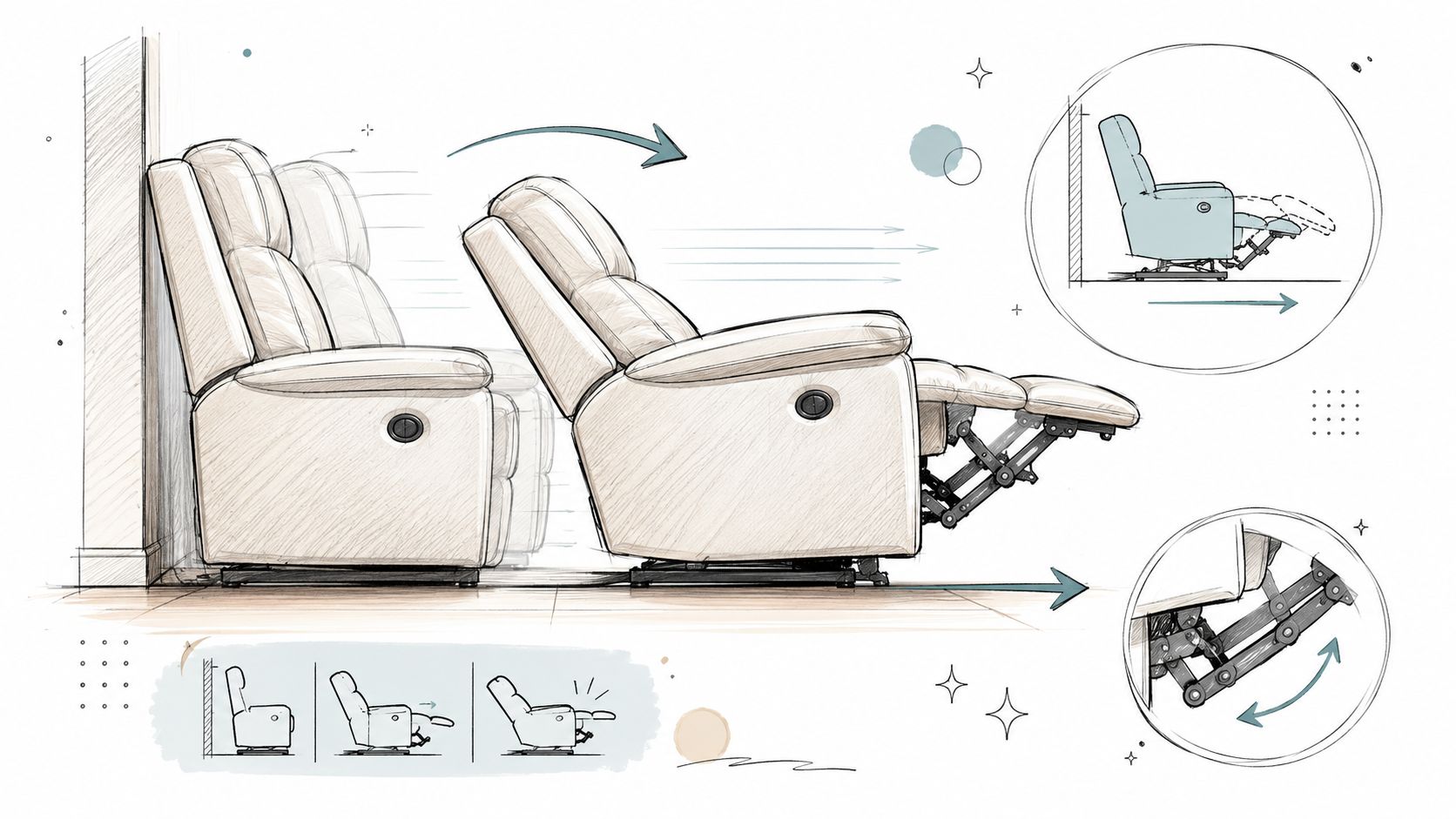 A diagram illustrating the function of a wall-hugger recliner mechanism moving away from a wall.