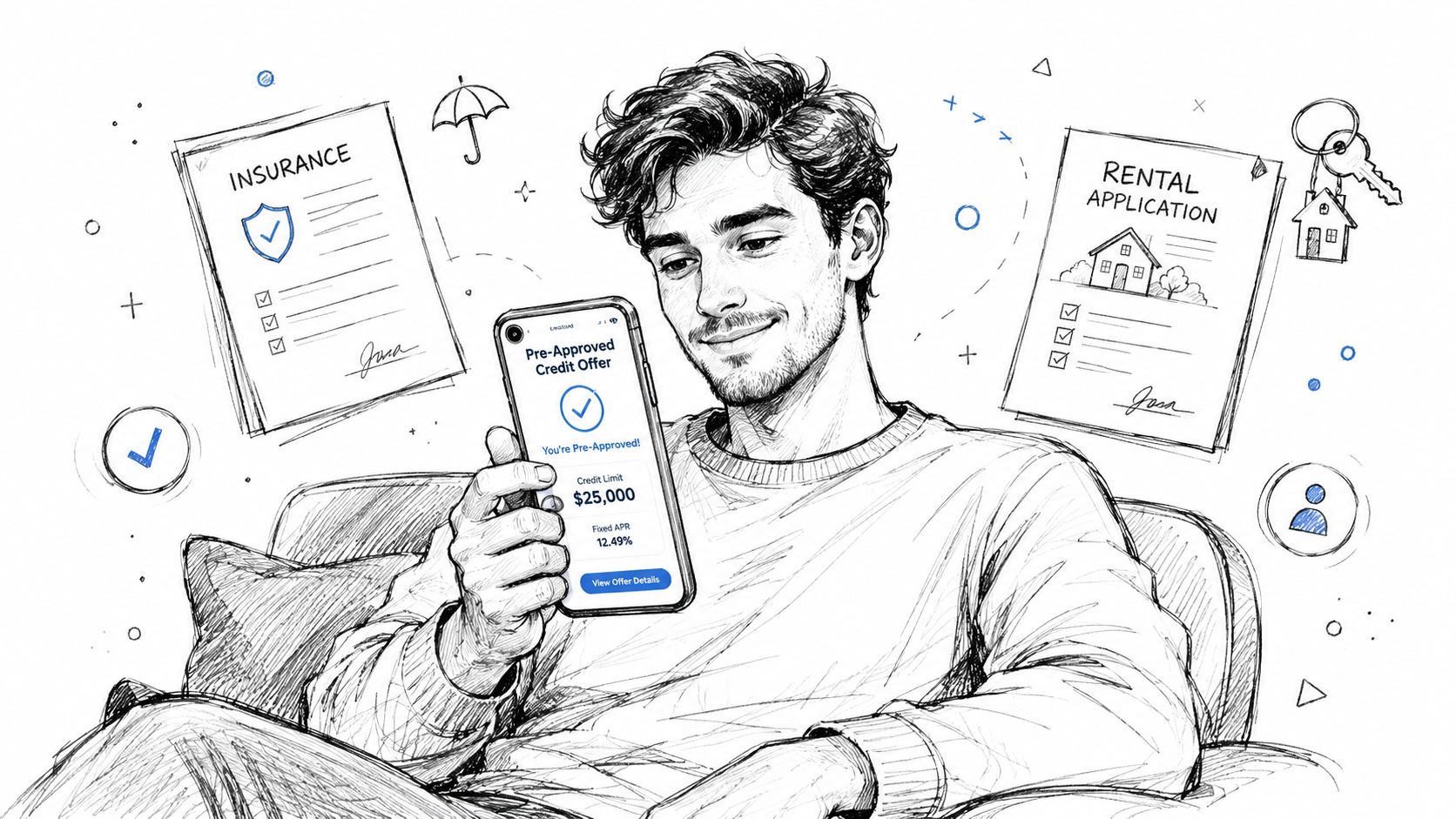 A young man sitting on a sofa looking at a pre-approved credit offer on his smartphone screen.