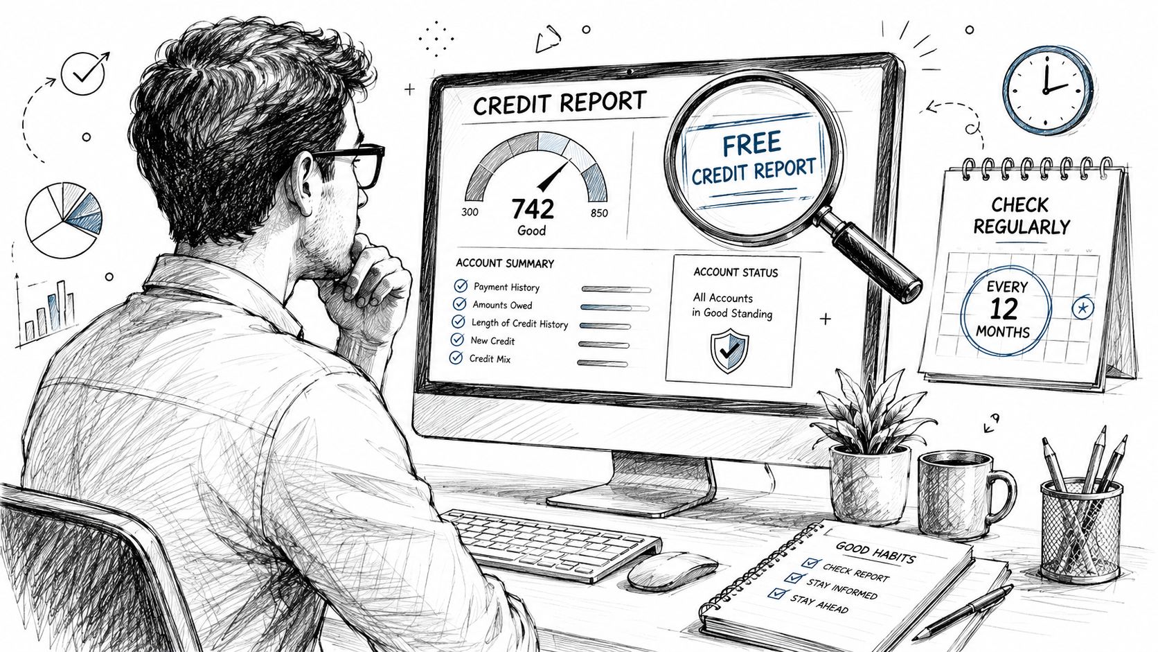 A man observing a computer screen displaying a credit report summary with a good score of 742.