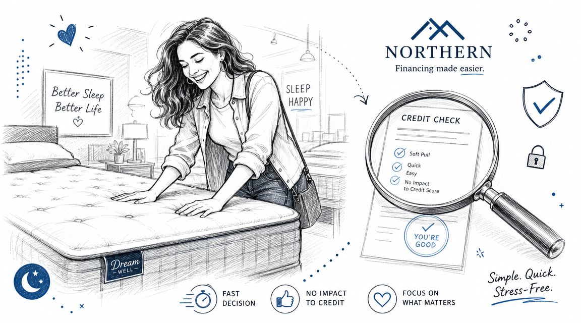 A woman shopping for a mattress with text explaining Northern's soft pull credit check financing options.