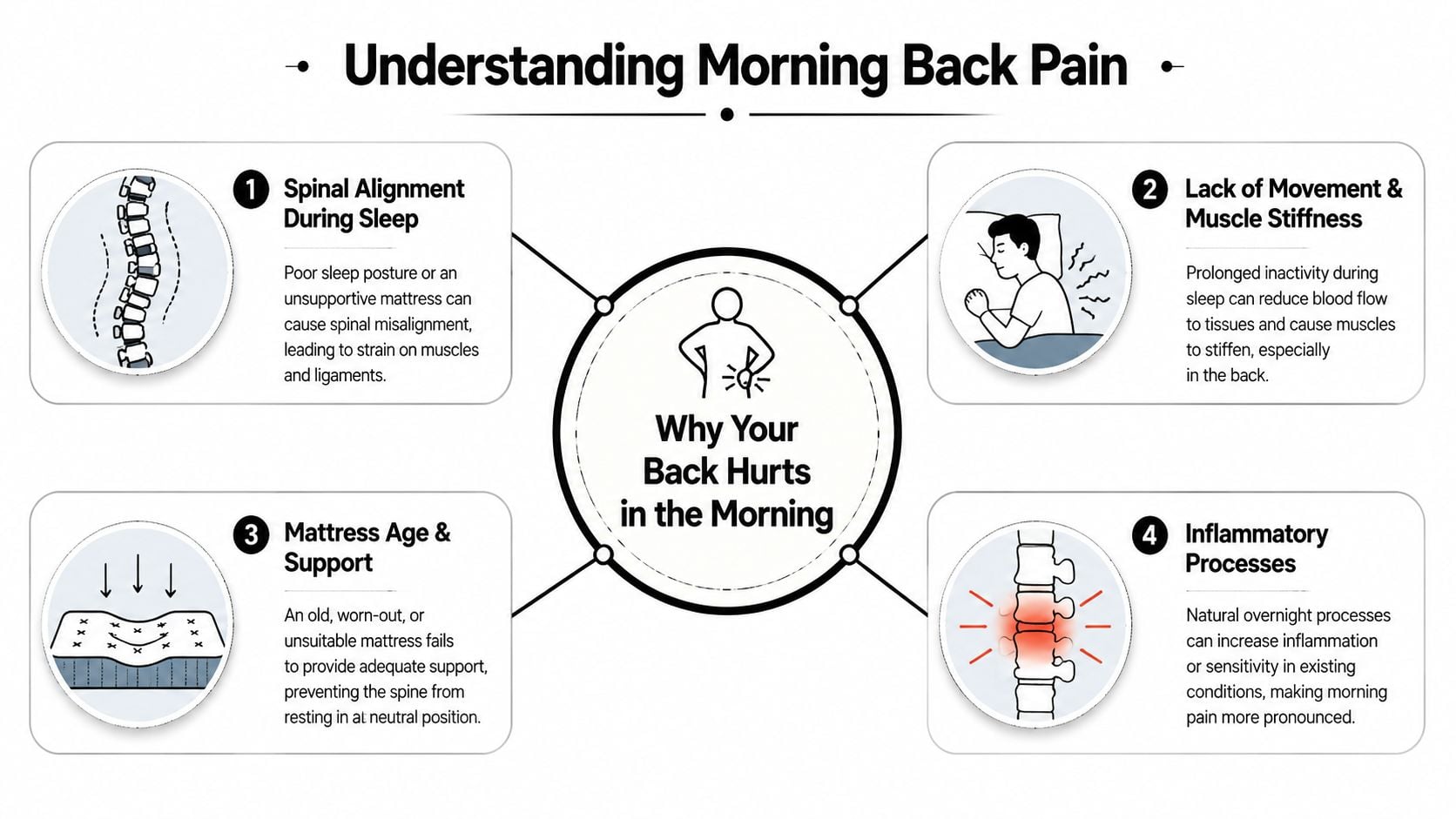 An infographic detailing four primary reasons why people experience back pain in the morning after sleeping.