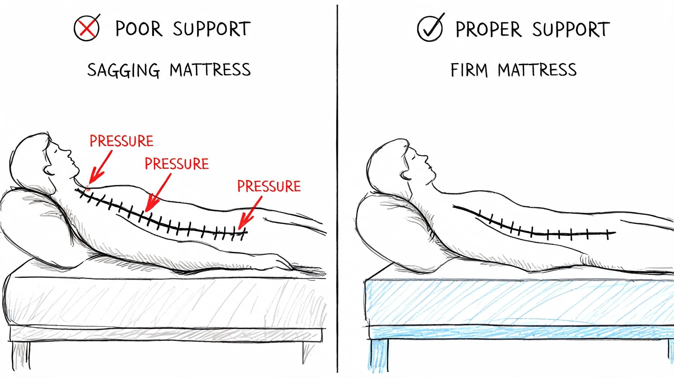 A diagram comparing spinal alignment between a sagging mattress causing pressure and a firm mattress providing support.