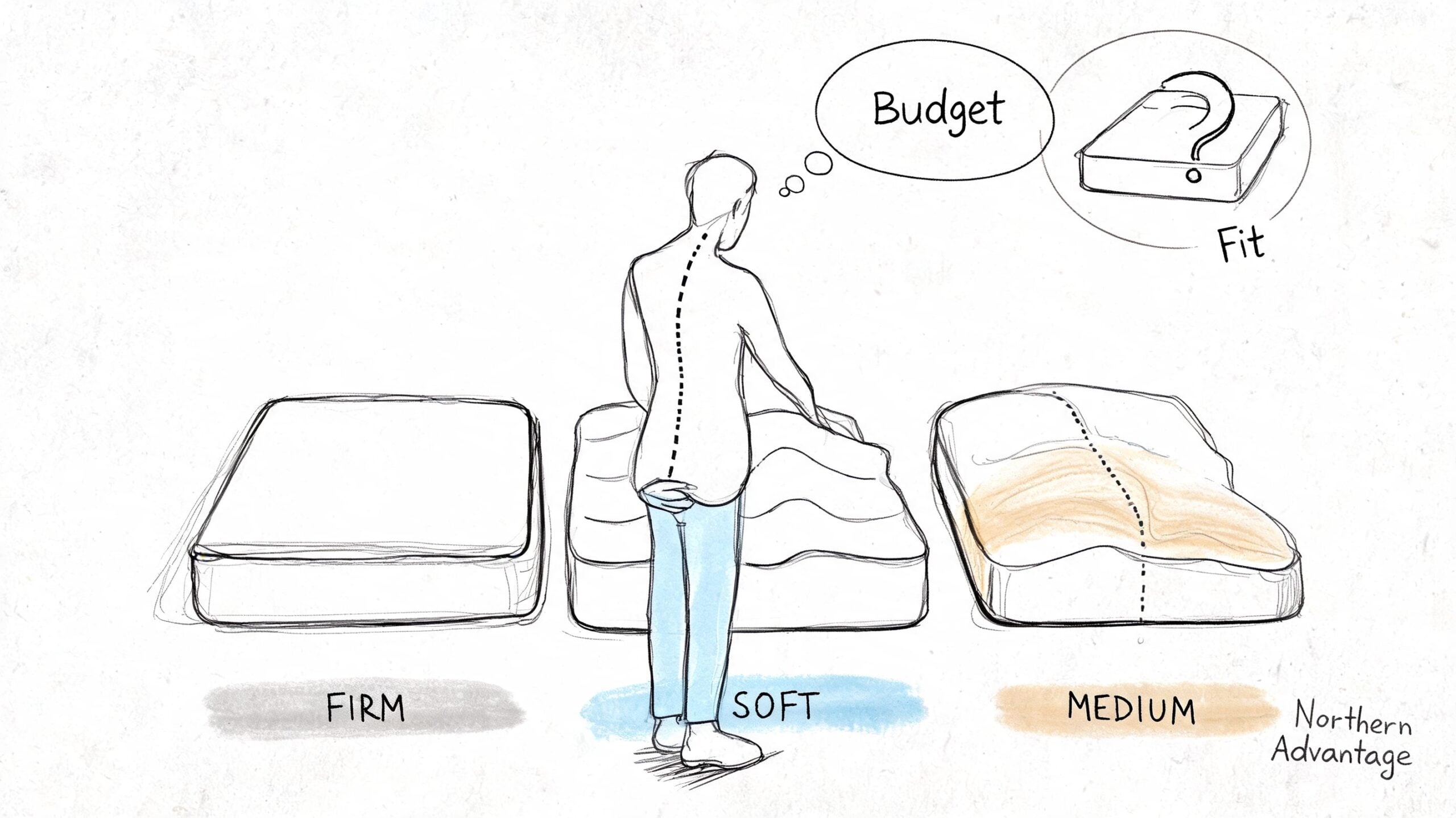 A person choosing between firm, soft, and medium mattresses to address back pain and sleeping comfort.