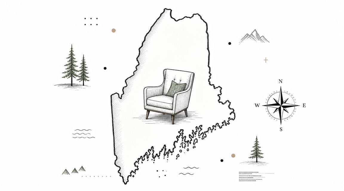 A line art sketch of the state of Maine with a comfortable armchair placed inside.