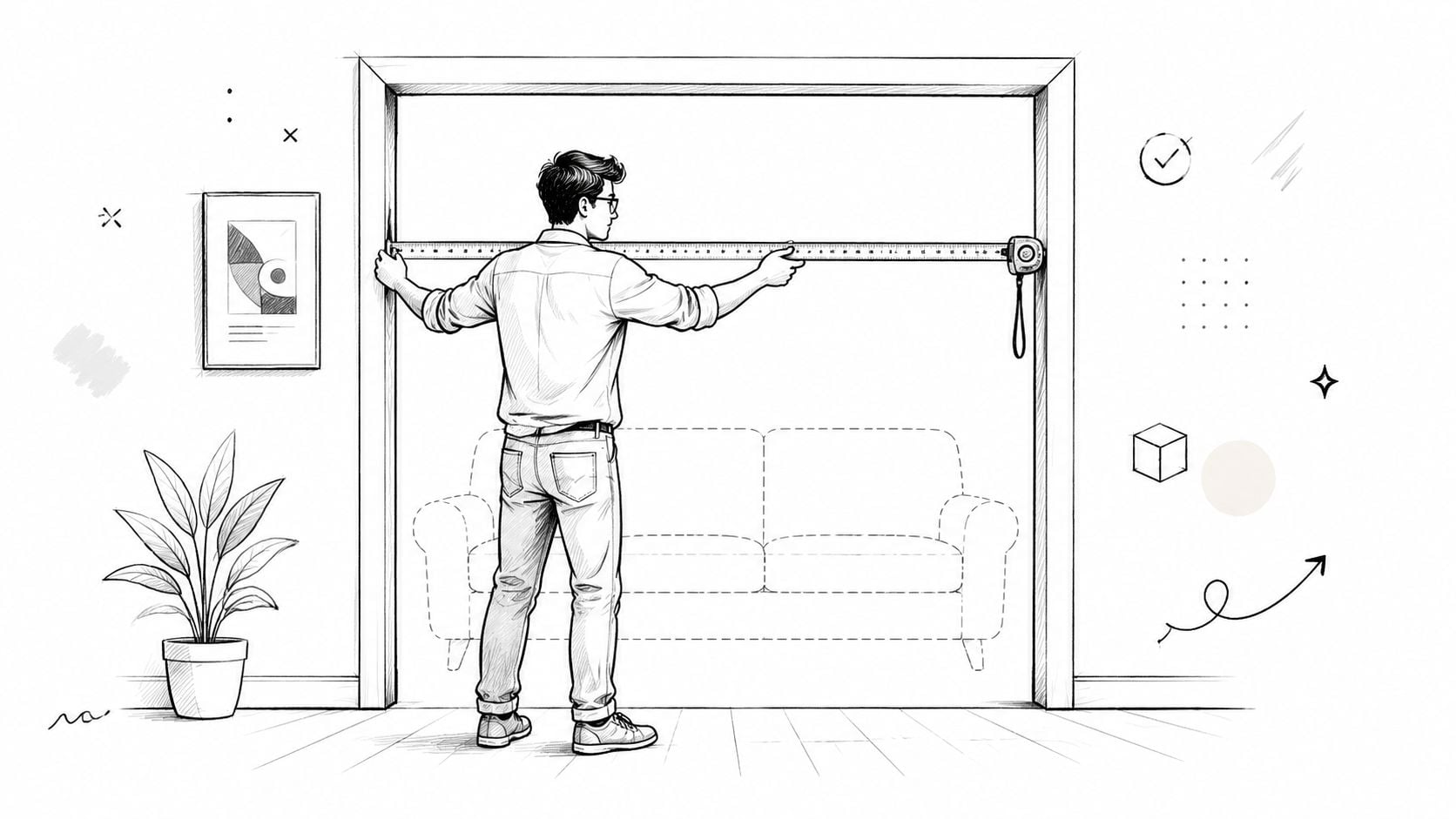 A man measuring the width of a doorway with a tape measure to fit a sofa through.