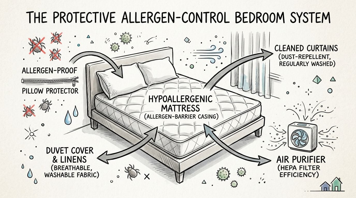 An illustrated diagram of a bedroom showing allergen-control products like a hypoallergenic mattress, air purifier, and pillow protector.