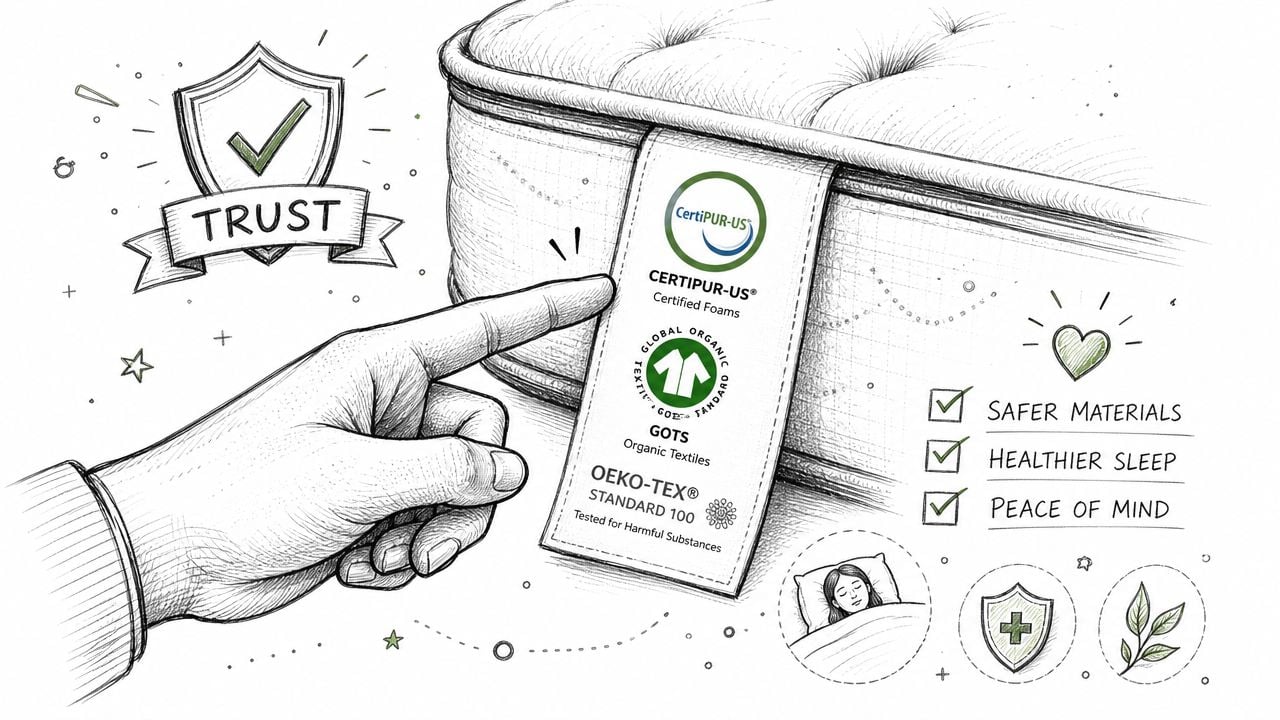 A hand pointing at a mattress label highlighting CertiPUR-US, GOTS, and OEKO-TEX certifications for sleep safety.