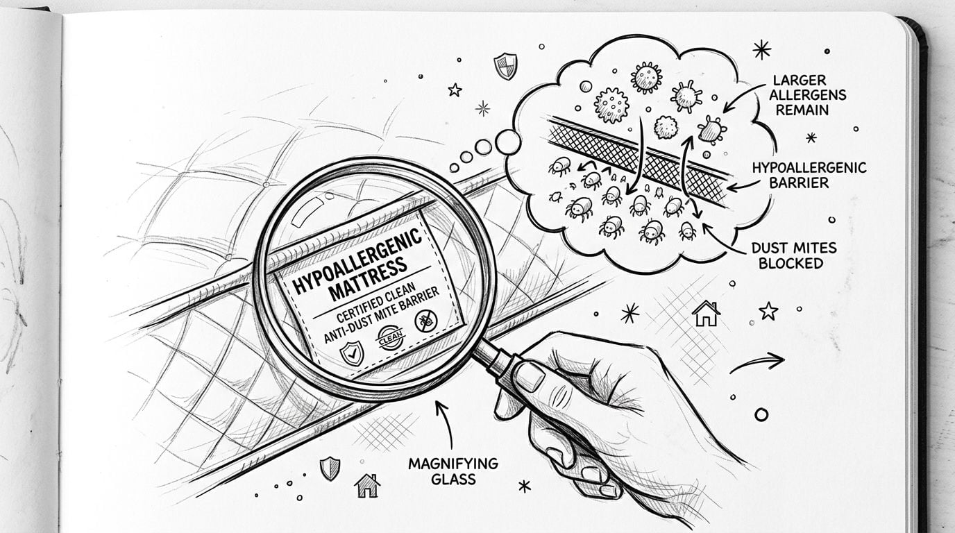 A pencil sketch shows a magnifying glass examining a hypoallergenic mattress label, illustrating how it blocks dust mites.