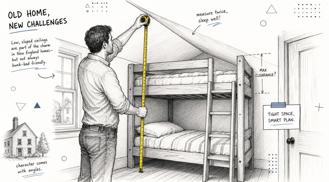 A man measuring the vertical space above a bunk bed in a bedroom with a sloped ceiling.