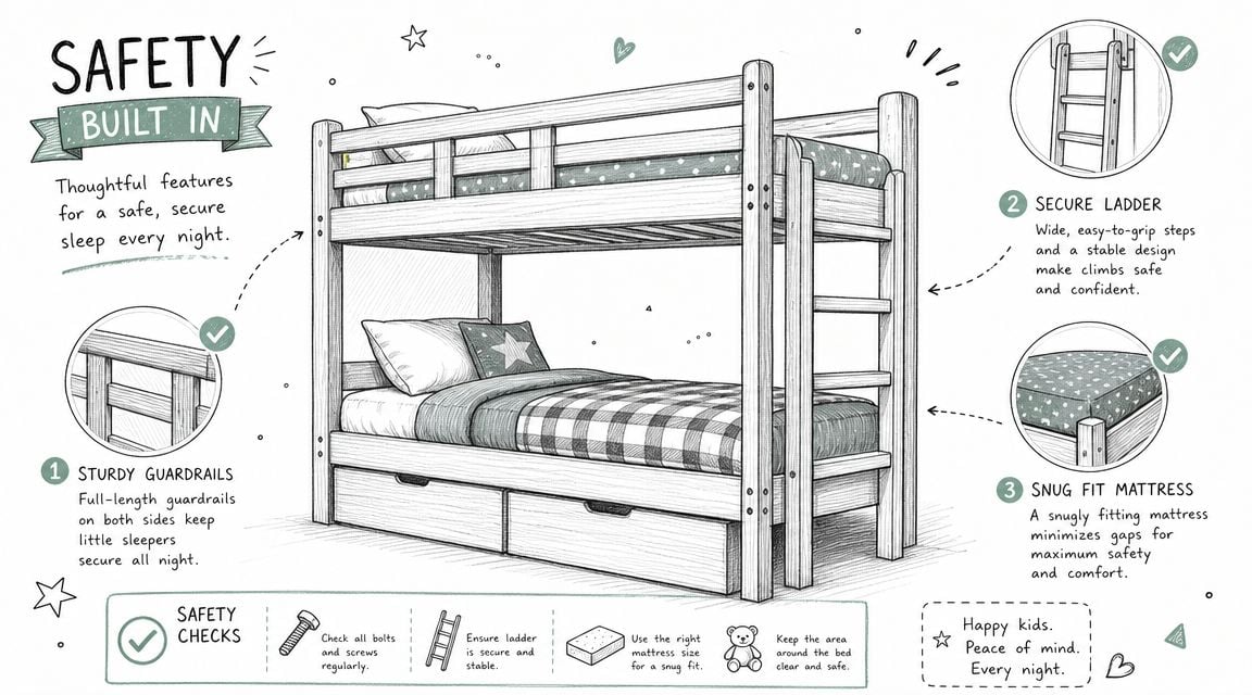 A hand-drawn illustration showcasing safety features of a wooden bunk bed with guardrails, secure ladder, and mattress.