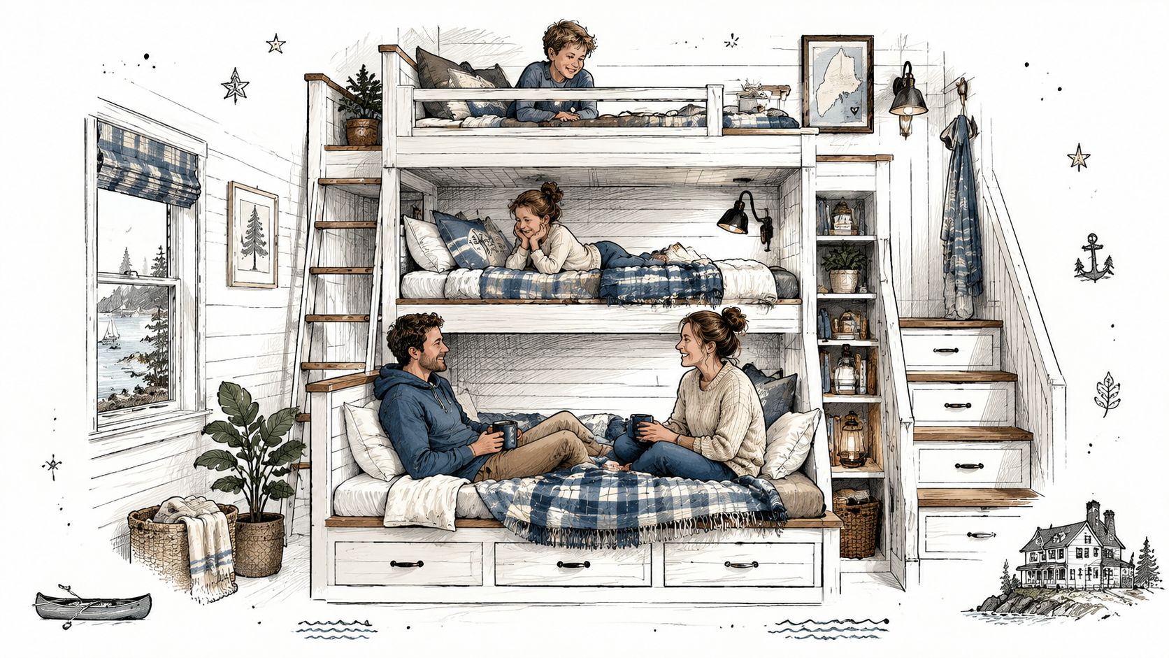 A cozy, sketch-style illustration of a family sitting on a large triple bunk bed in a bedroom.
