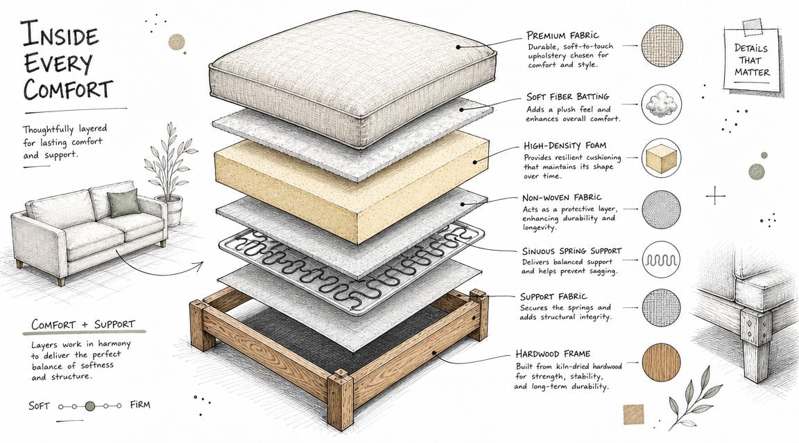 A detailed cross-section illustration showing the layered materials and structural components of a comfortable sofa cushion.