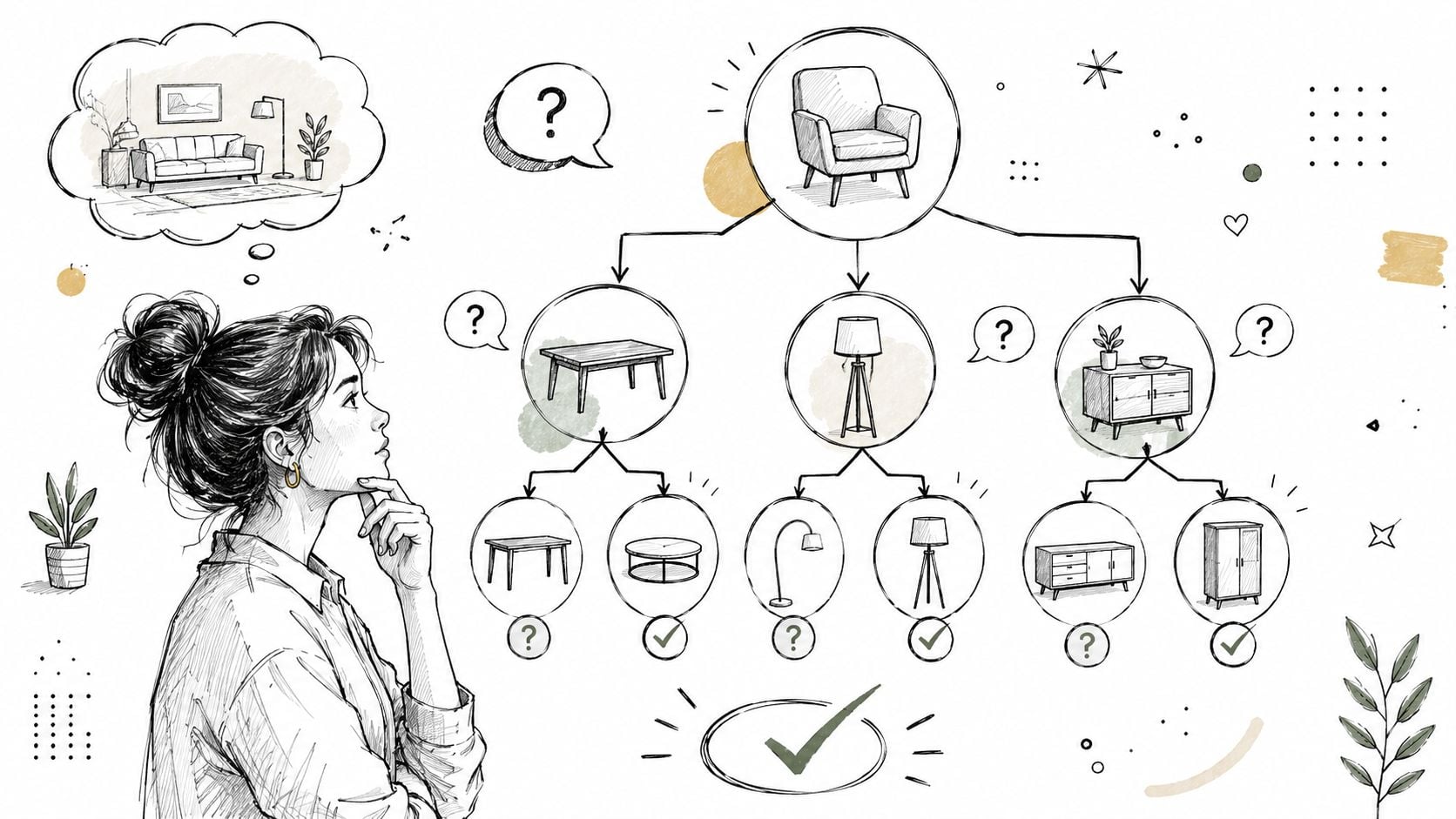 A hand-drawn illustration of a woman contemplating a furniture organizational chart featuring chairs, tables, lamps, and cabinets.