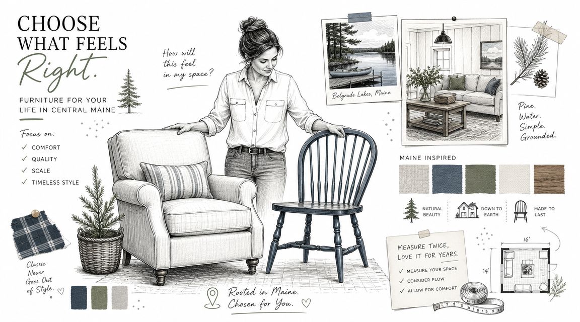 A woman choosing furniture with a Maine-inspired design, featuring sketches of a chair, armchair, and floor plan.