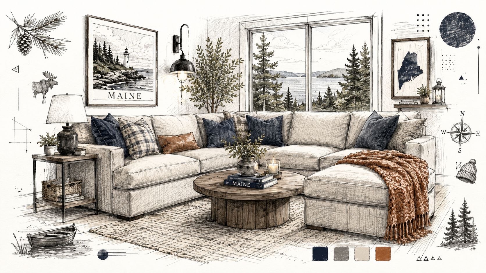 A detailed pencil sketch of a cozy, Maine-inspired living room featuring a comfortable sectional sofa and rustic decor.